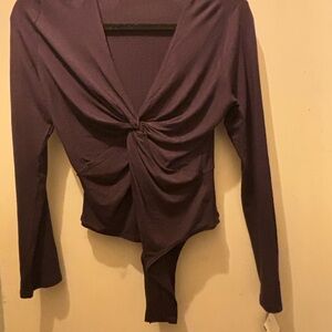 FP Movement by Free People Plum Twist-Front Long Sleeve Bodysuit Snap Closure